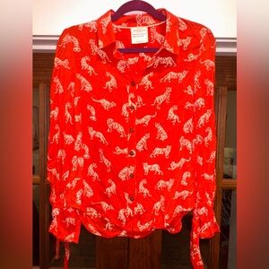 EUC Anthropologie Size 0 Margaret Jeane Orange/Red Tiger Print Button-Up‎ Shirt